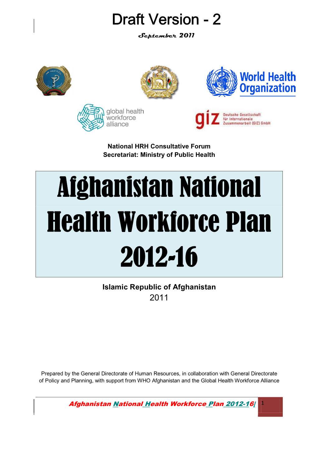 Afghanistan National Health Workforce Plan 2012-16