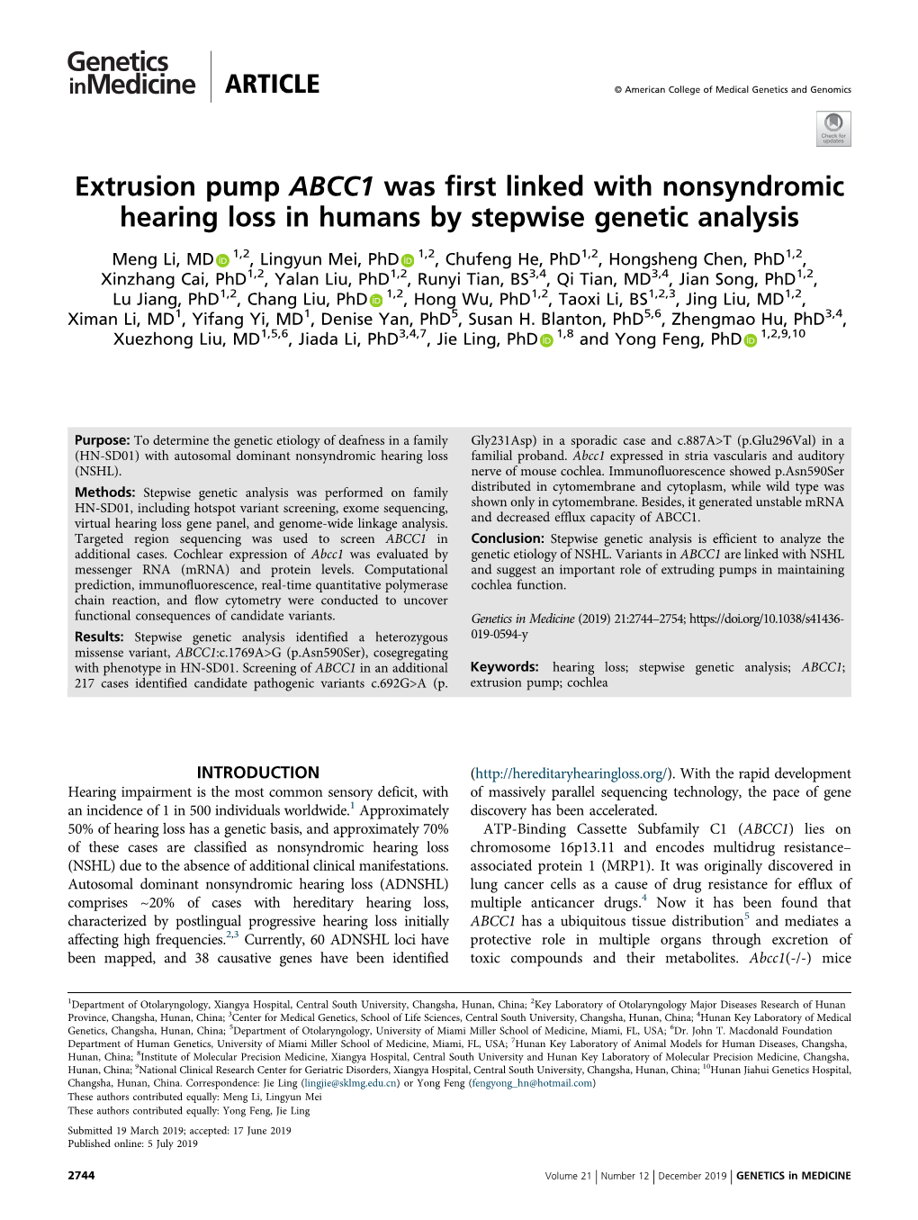 Extrusion Pump ABCC1 Was First Linked with Nonsyndromic Hearing Loss in Humans by Stepwise Genetic Analysis