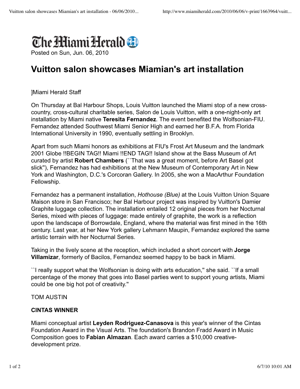 Vuitton Salon Showcases Miamian's Art Installation - 06/06/2010