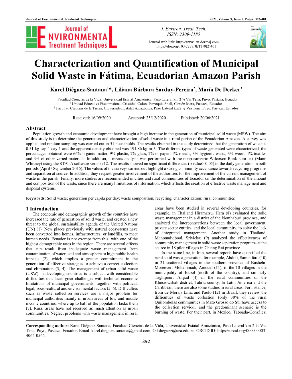 Characterization and Quantification of Municipal Solid Waste in Fátima, Ecuadorian Amazon Parish