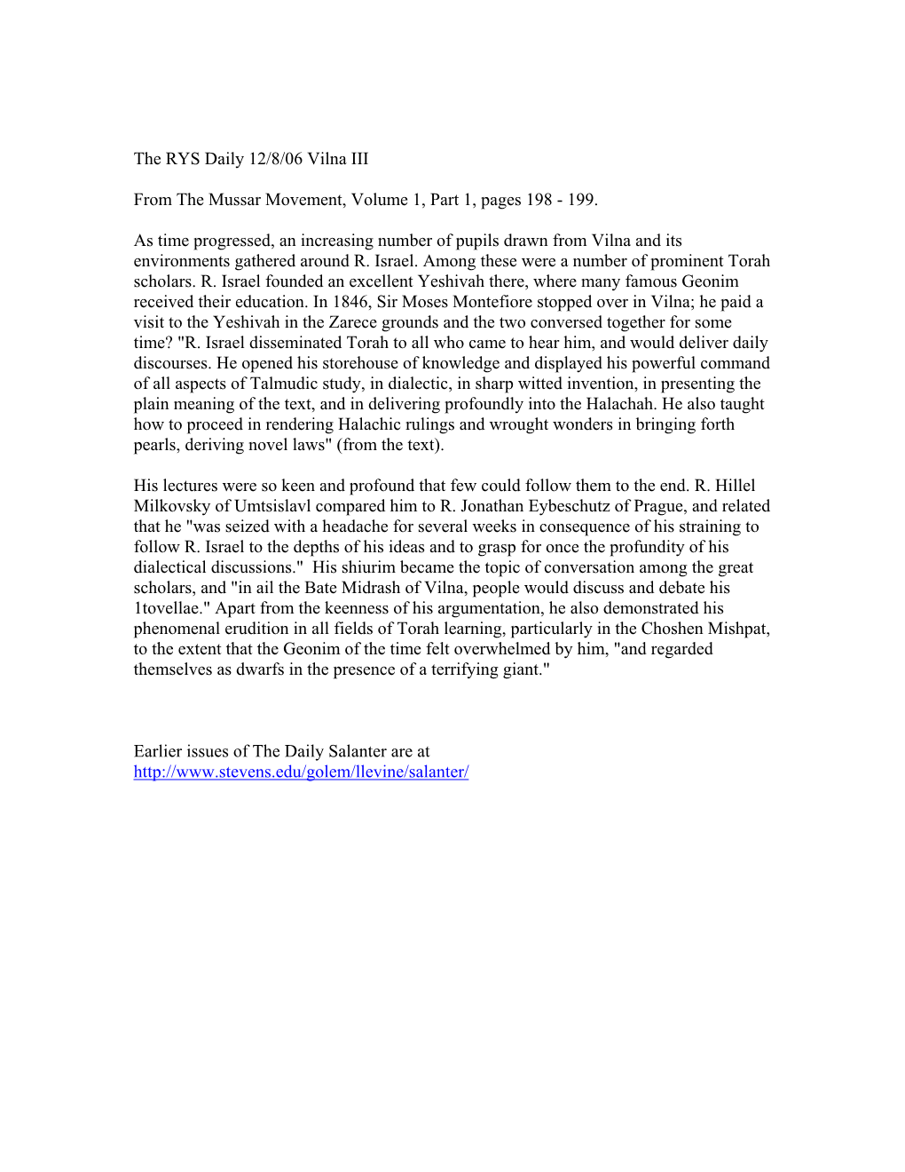 The RYS Daily 12/8/06 Vilna III from the Mussar Movement, Volume 1