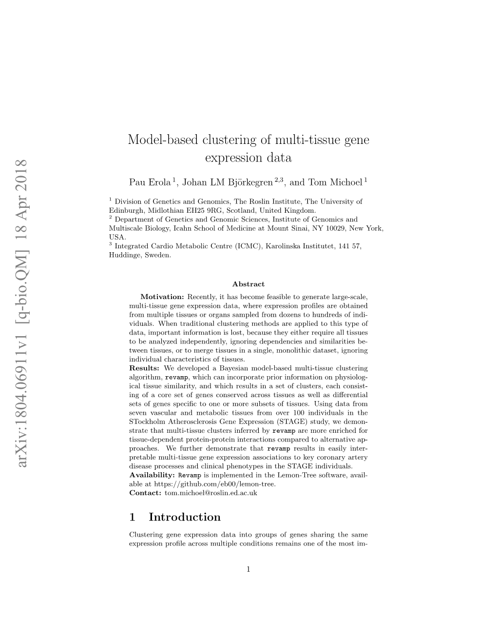 Model-Based Clustering of Multi-Tissue Gene Expression Data