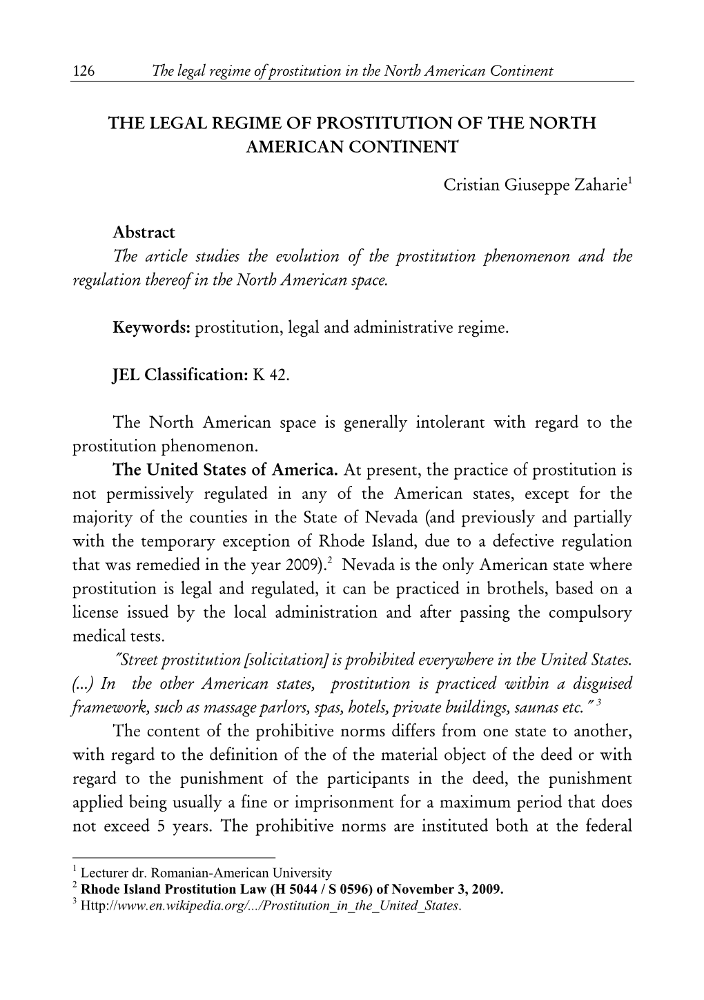 The Legal Regime of Prostitution of the North American Continent