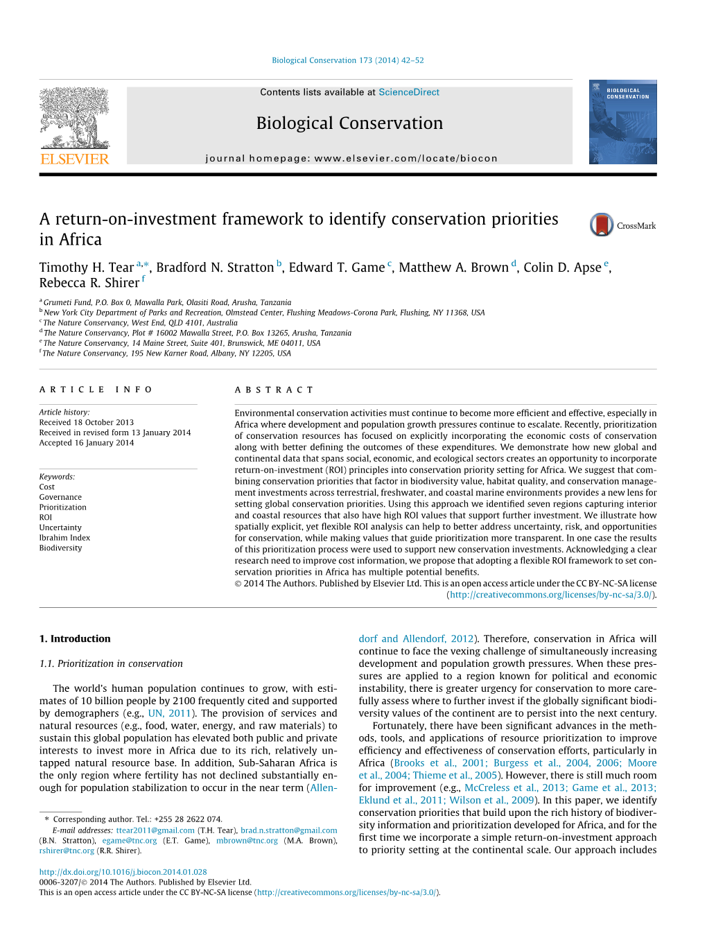 A Return-On-Investment Framework to Identify Conservation Priorities in Africa ⇑ Timothy H