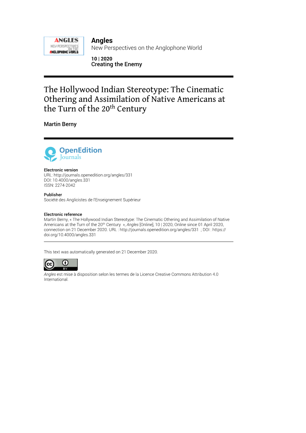 The Hollywood Indian Stereotype: the Cinematic Othering and Assimilation of Native Americans at the Turn of the 20Th Century