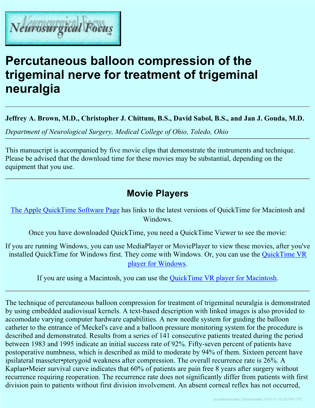 Percutaneous Balloon Compression of the Trigeminal Nerve for Treatment of Trigeminal Neuralgia