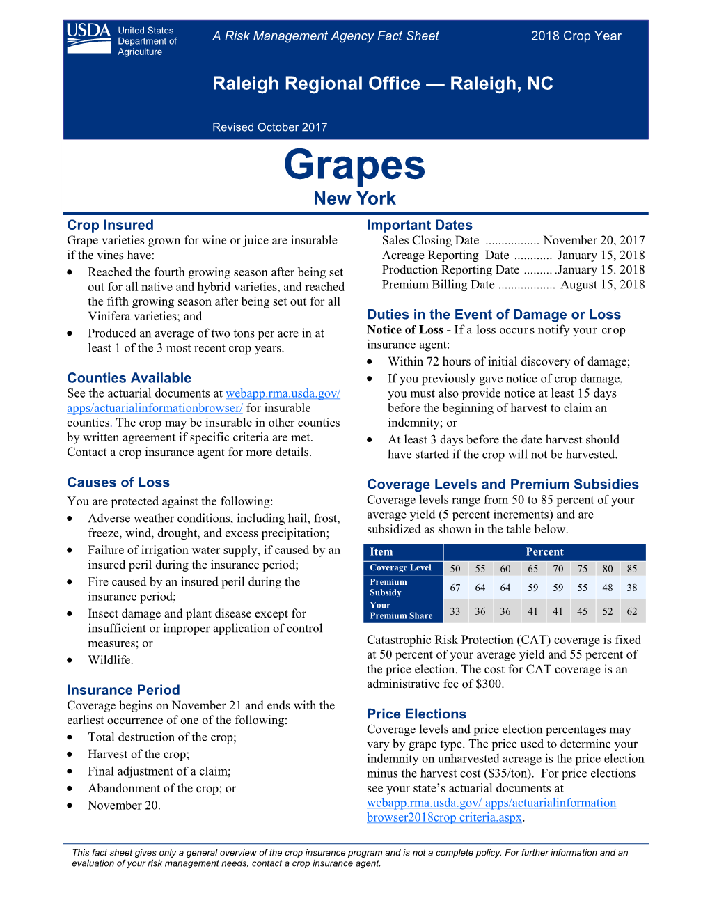 Grapes New York Crop Insured Important Dates Grape Varieties Grown for Wine Or Juice Are Insurable Sales Closing Date