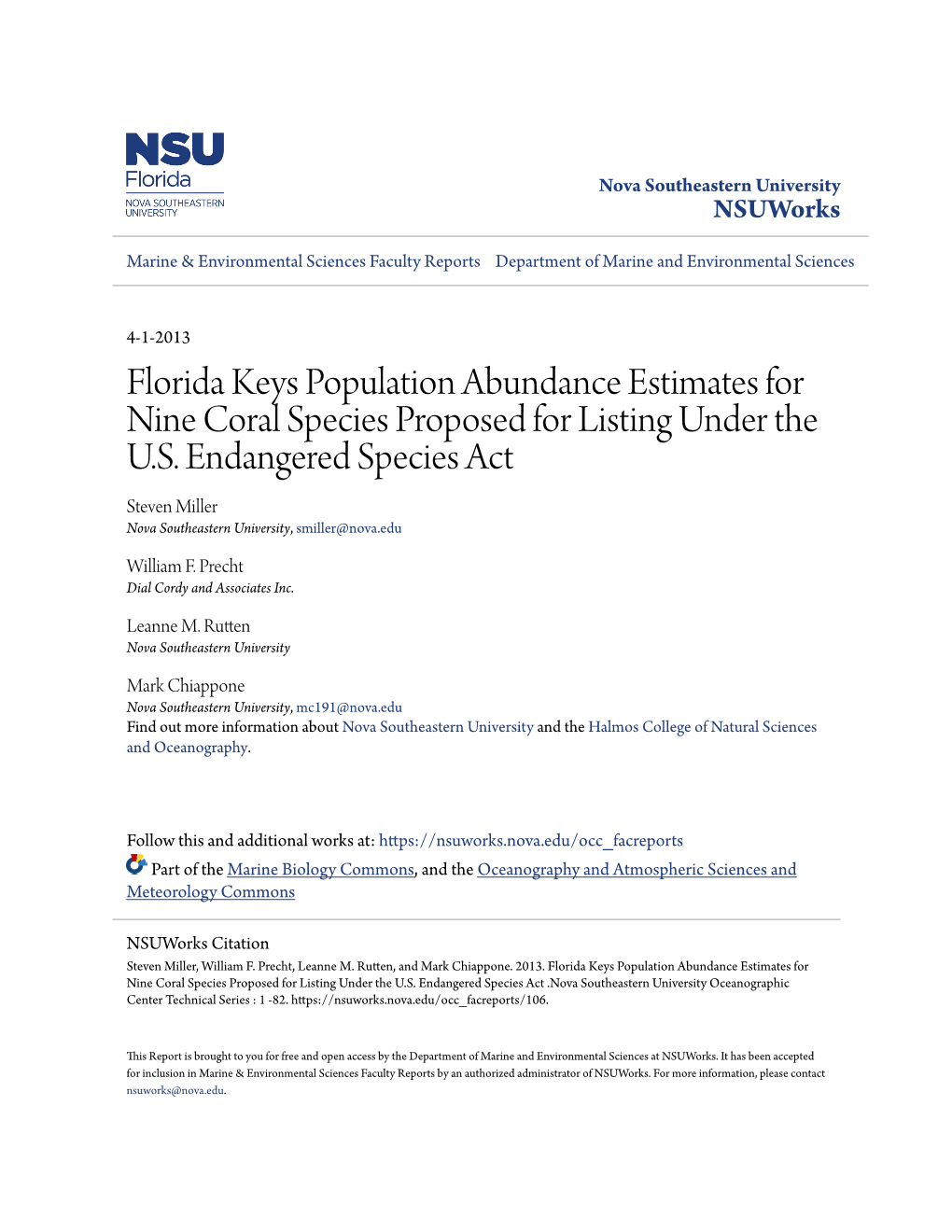 Florida Keys Population Abundance Estimates for Nine Coral Species Proposed for Listing Under the U.S