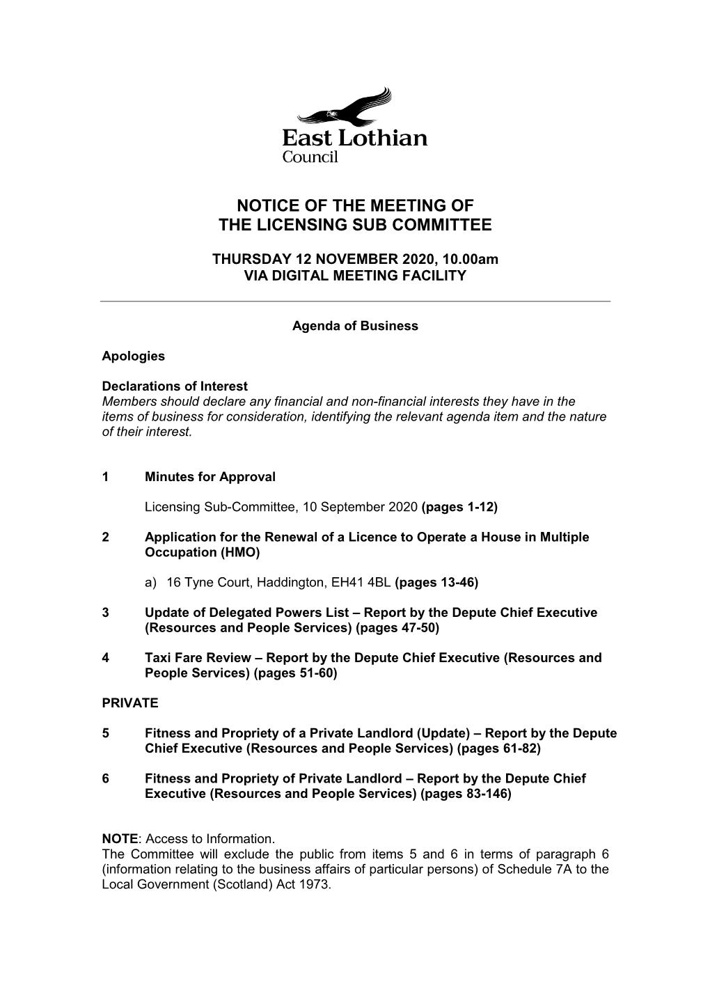 Notice of the Meeting of the Licensing Sub Committee