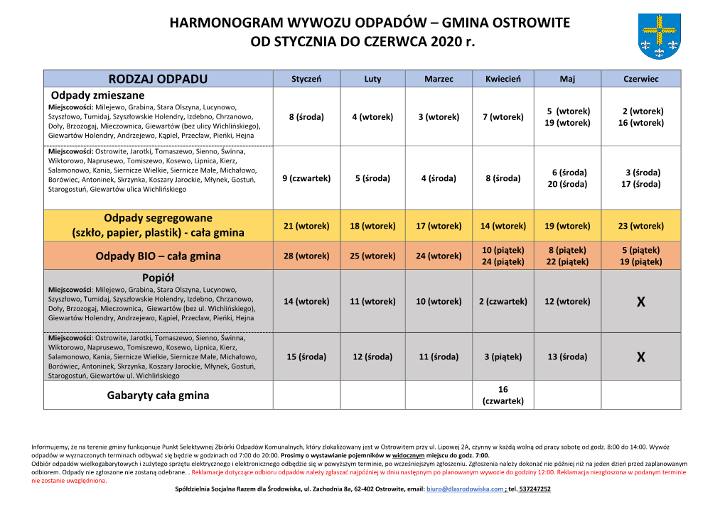 HARMONOGRAM WYWOZU ODPADÓW – GMINA OSTROWITE OD STYCZNIA DO CZERWCA 2020 R