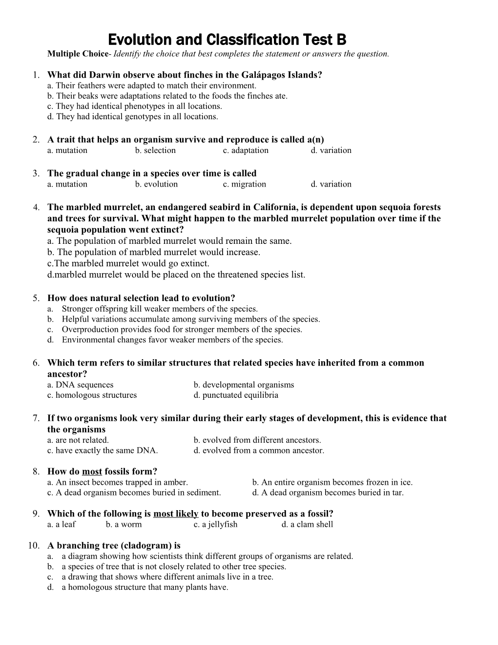 Evolution and Geological Time Test