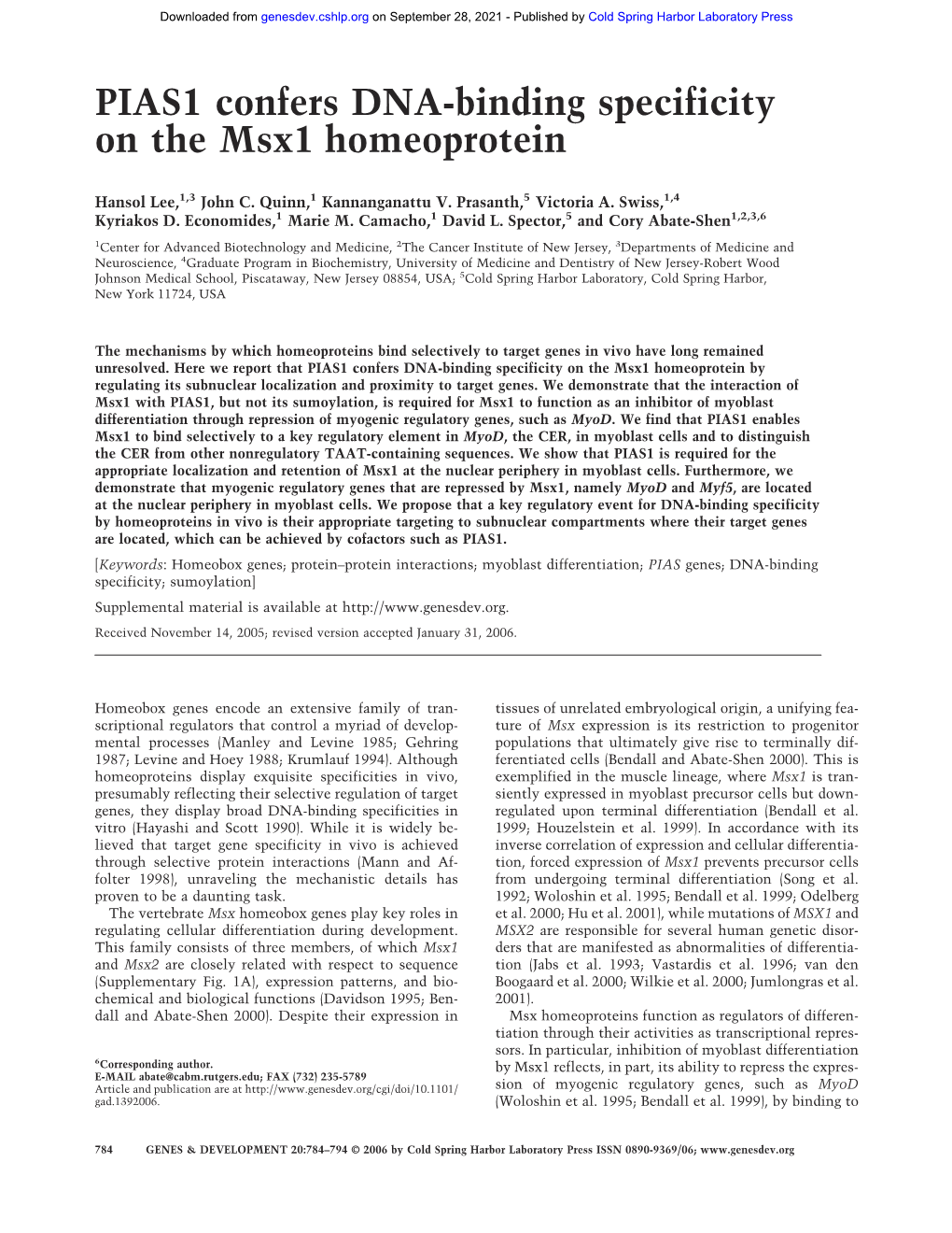 PIAS1 Confers DNA-Binding Specificity on the Msx1 Homeoprotein