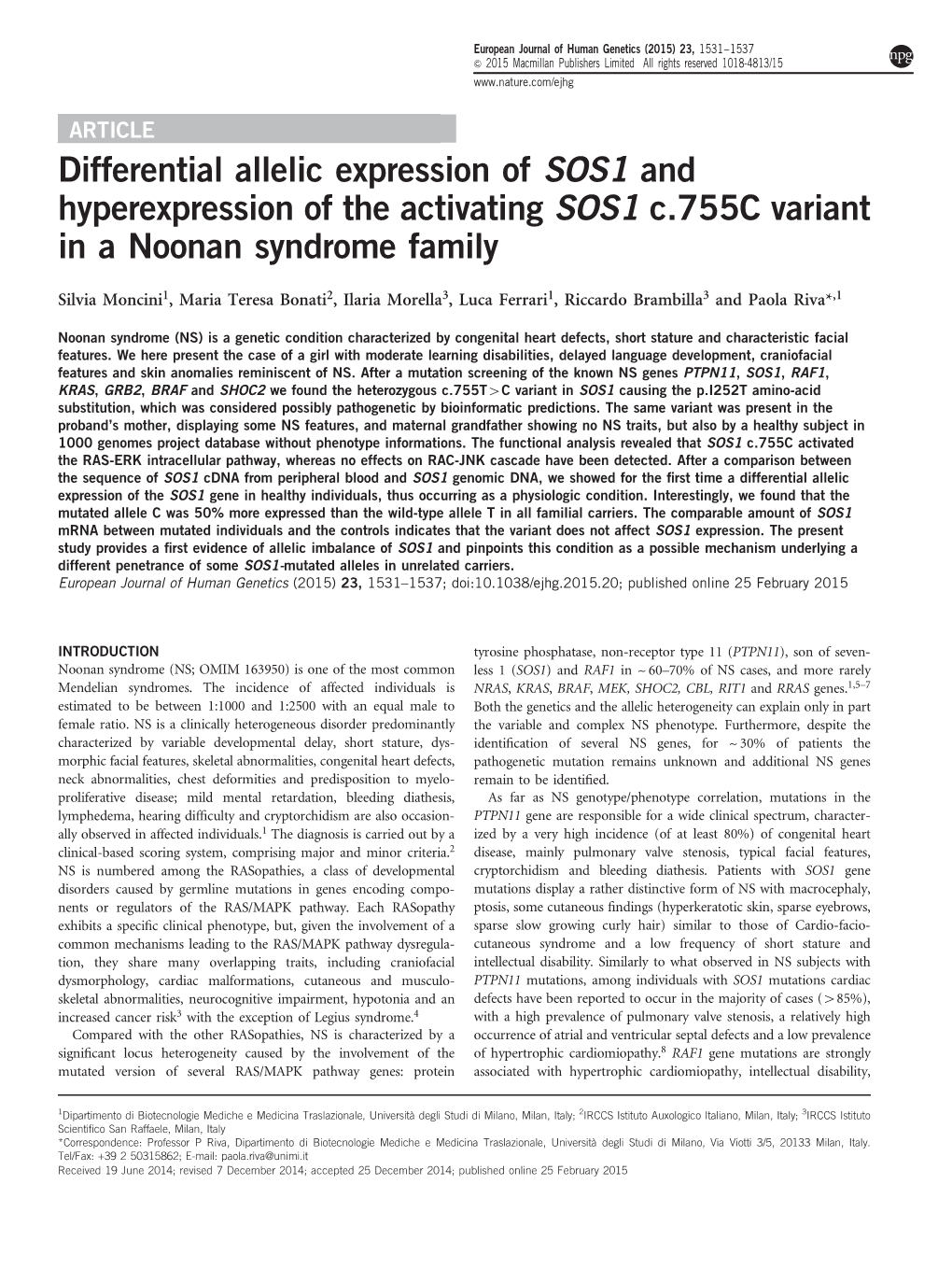 Differential Allelic Expression of SOS1 and Hyperexpression of the Activating SOS1 C.755C Variant in a Noonan Syndrome Family