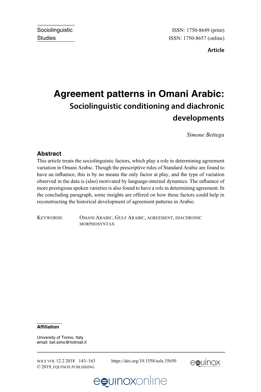 Agreement Patterns in Omani Arabic: Sociolinguistic Conditioning and Diachronic Developments