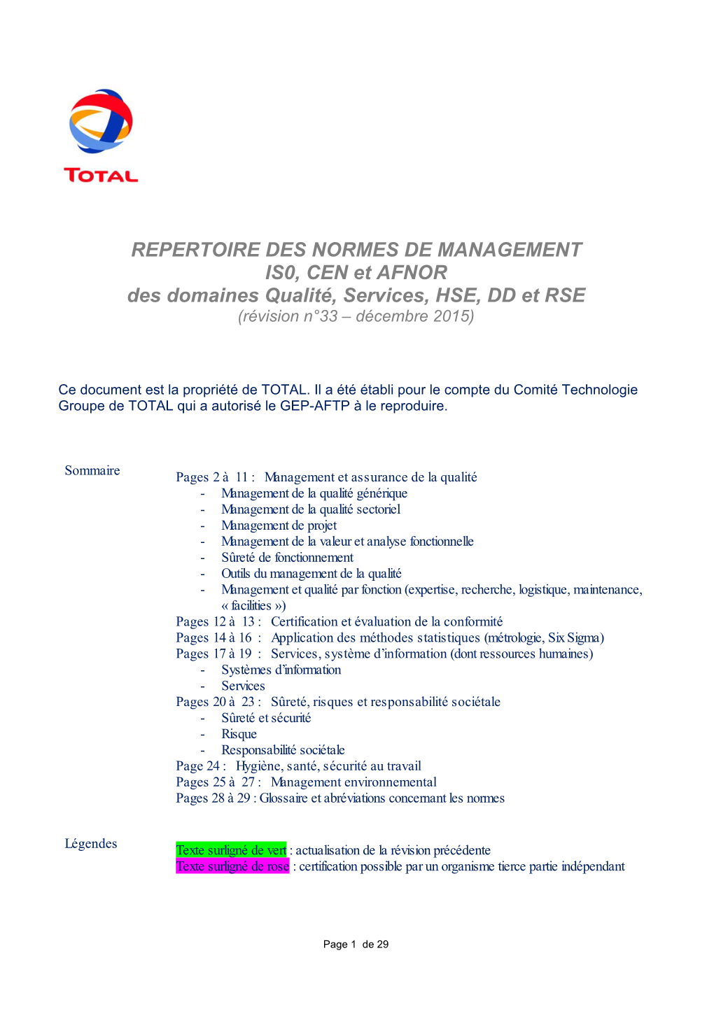 REPERTOIRE DES NORMES DE MANAGEMENT IS0, CEN Et AFNOR Des Domaines Qualité, Services, HSE, DD Et RSE (Révision N°33 – Décembre 2015)
