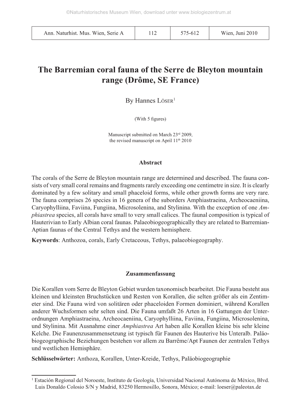 The Barremian Coral Fauna of the Serre De Bleyton Mountain Range (Drôme, SE France)