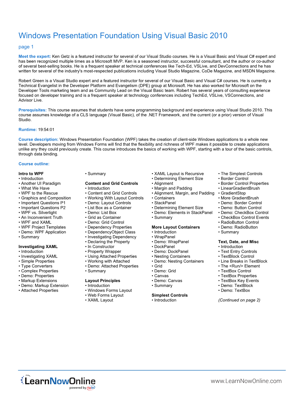 Outline for Windows Presentation Foundation Using Visual Basic 2010