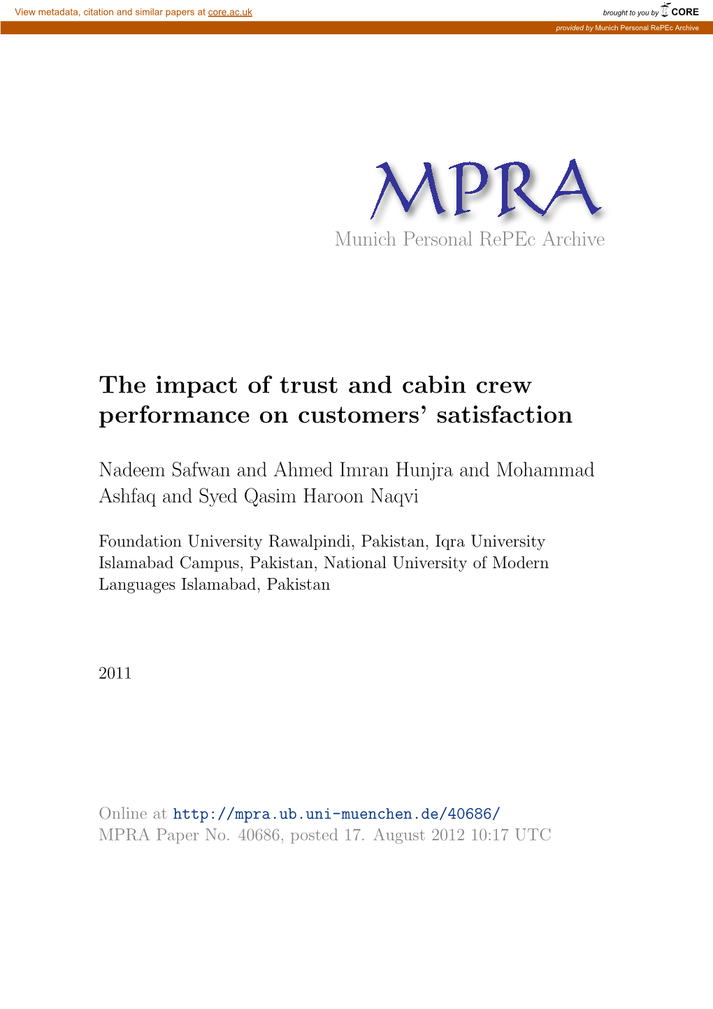 The Impact of Trust and Cabin Crew Performance on Customers’ Satisfaction