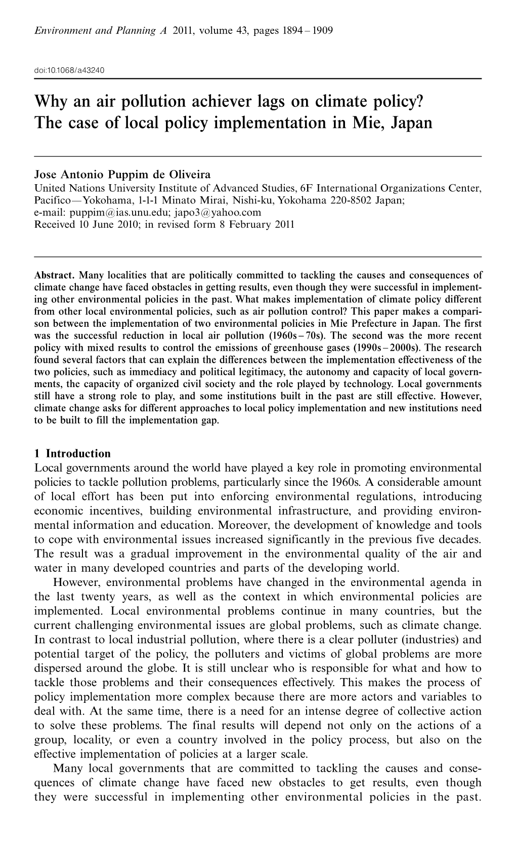 Why an Air Pollution Achiever Lags on Climate Policy? the Case of Local Policy Implementation in Mie, Japan