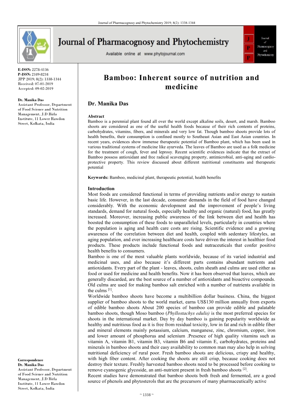 Bamboo: Inherent Source of Nutrition and Received: 07-01-2019 Accepted: 09-02-2019 Medicine