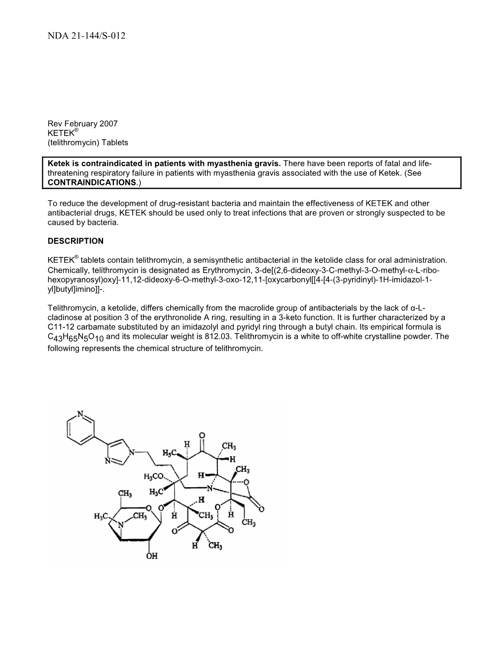 Ketek (Telithromycin) Label