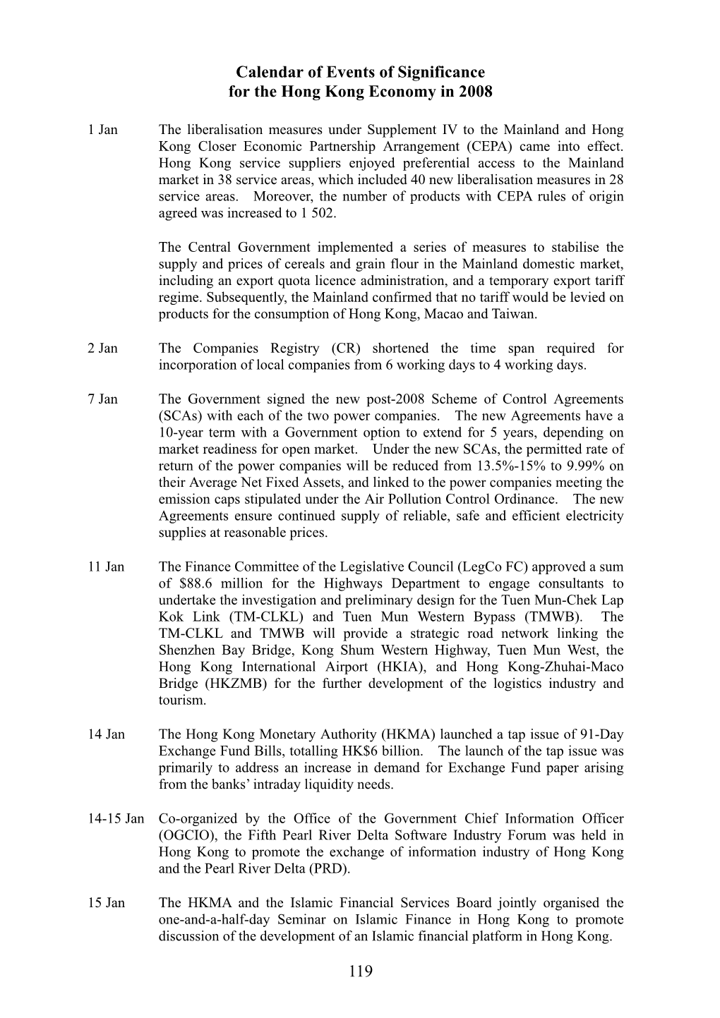 119 Calendar of Events of Significance for the Hong Kong Economy in 2008