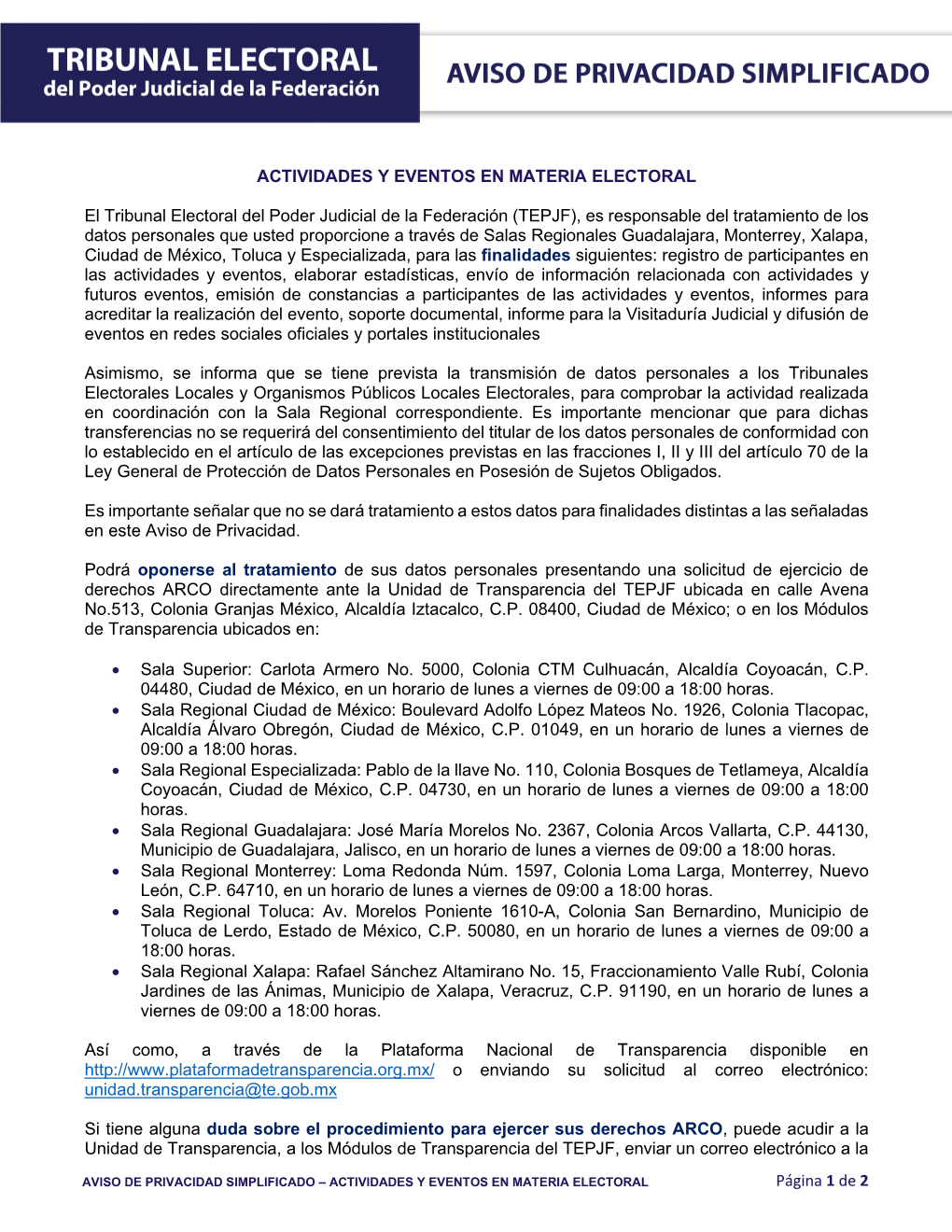 AVISO DE PRIVACIDAD SIMPLIFICADO – ACTIVIDADES Y EVENTOS EN MATERIA ELECTORAL Página 1 De 2