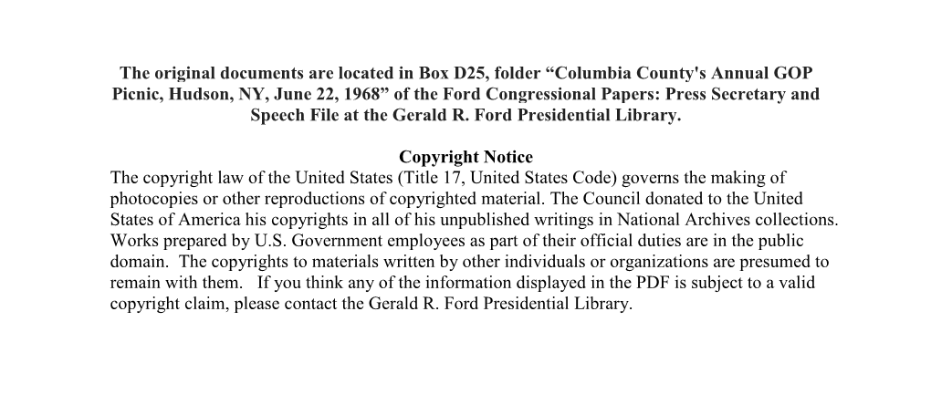 Columbia County's Annual GOP Picnic, Hudson, NY, June 22, 1968” of the Ford Congressional Papers: Press Secretary and Speech File at the Gerald R