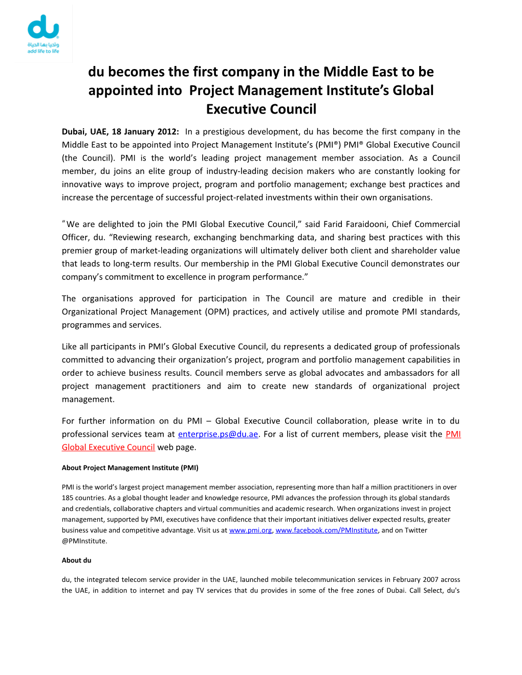 Du Becomes the First Company in the Middle East to Be Appointed Into Project Management