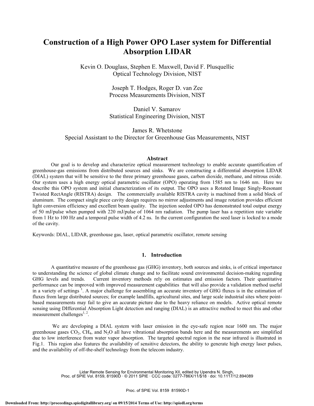 Construction of a High Power OPO Laser System for Differential Absorption LIDAR