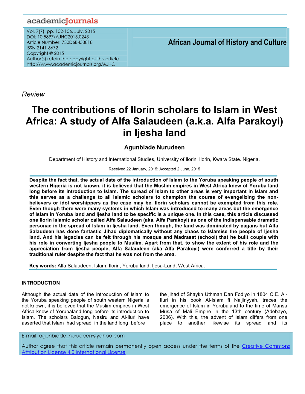 The Contributions of Ilorin Scholars to Islam in West Africa: a Study of Alfa Salaudeen (A.K.A