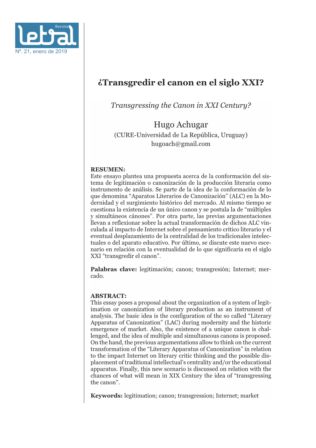 ¿Transgredir El Canon En El Siglo XXI? Hugo Achugar