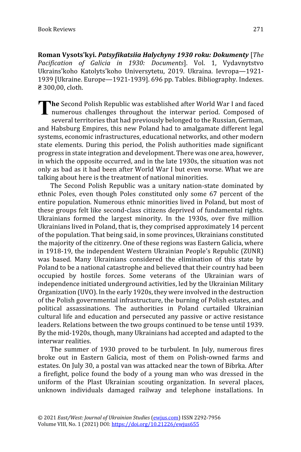 Book Review of Roman Vysots'kyi. Patsyfikatsiia Halychyny 1930 Roku