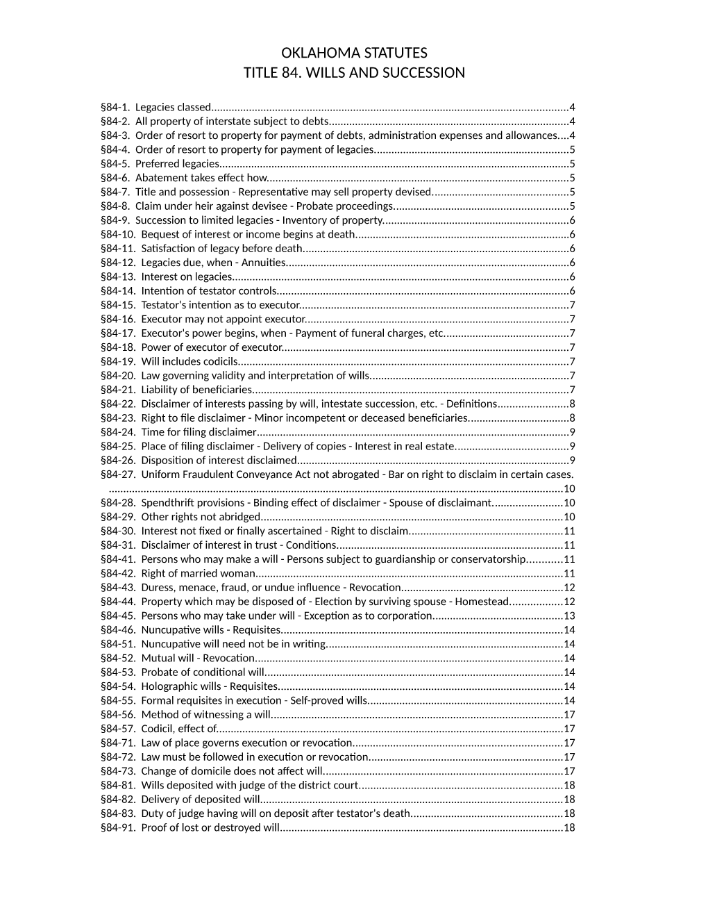 Oklahoma Statutes Title 84. Wills and Succession