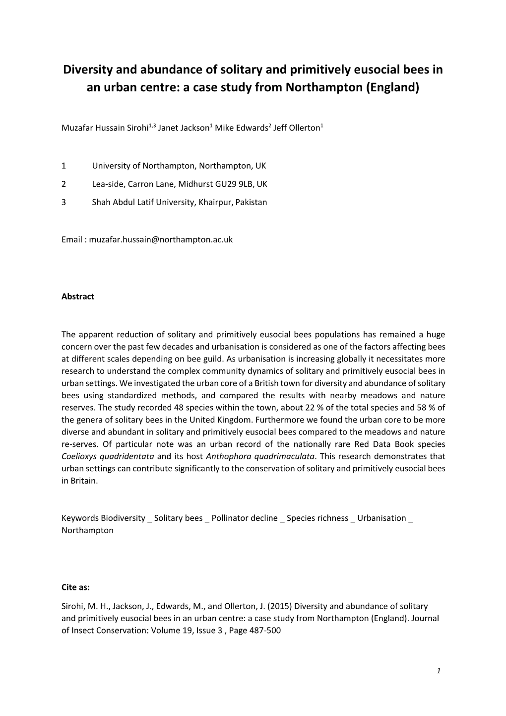 Diversity and Abundance of Solitary and Primitively Eusocial Bees in an Urban Centre: a Case Study from Northampton (England)