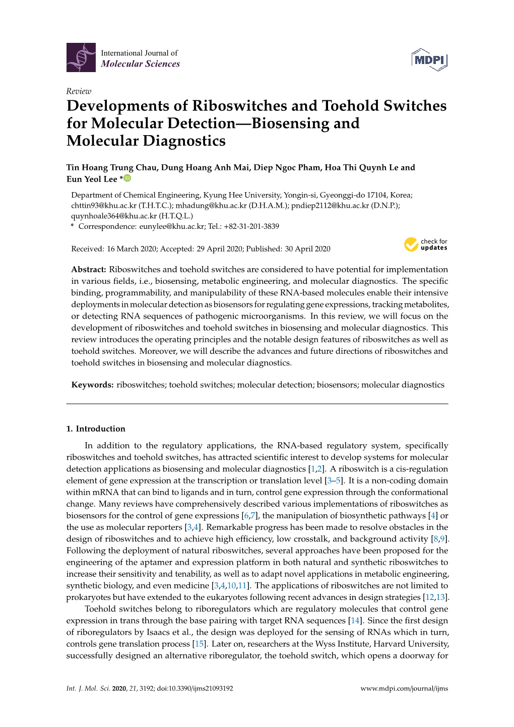 Developments of Riboswitches and Toehold Switches for Molecular Detection—Biosensing and Molecular Diagnostics