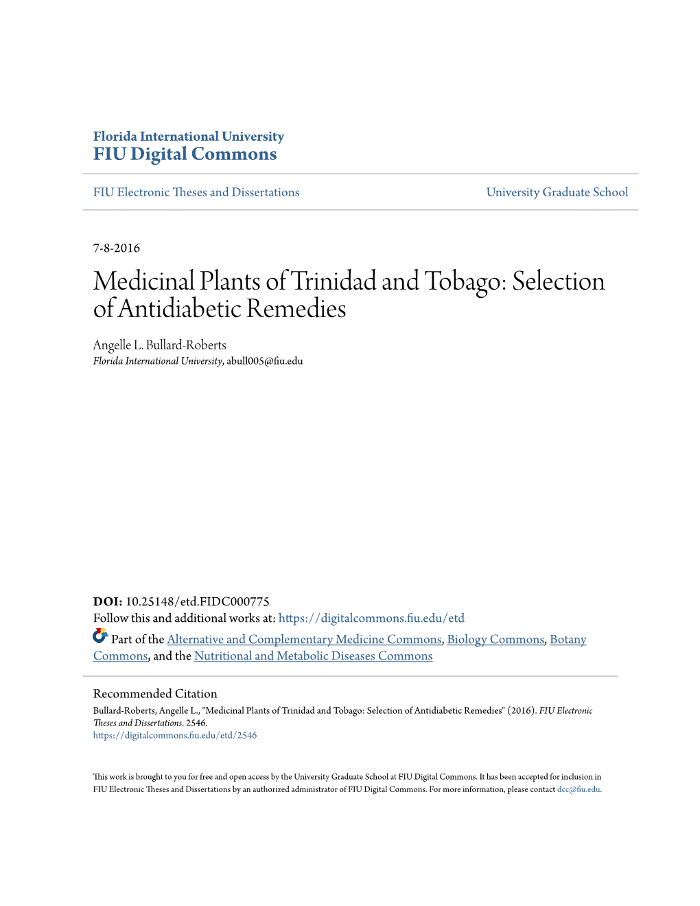 Medicinal Plants of Trinidad and Tobago: Selection of Antidiabetic Remedies Angelle L