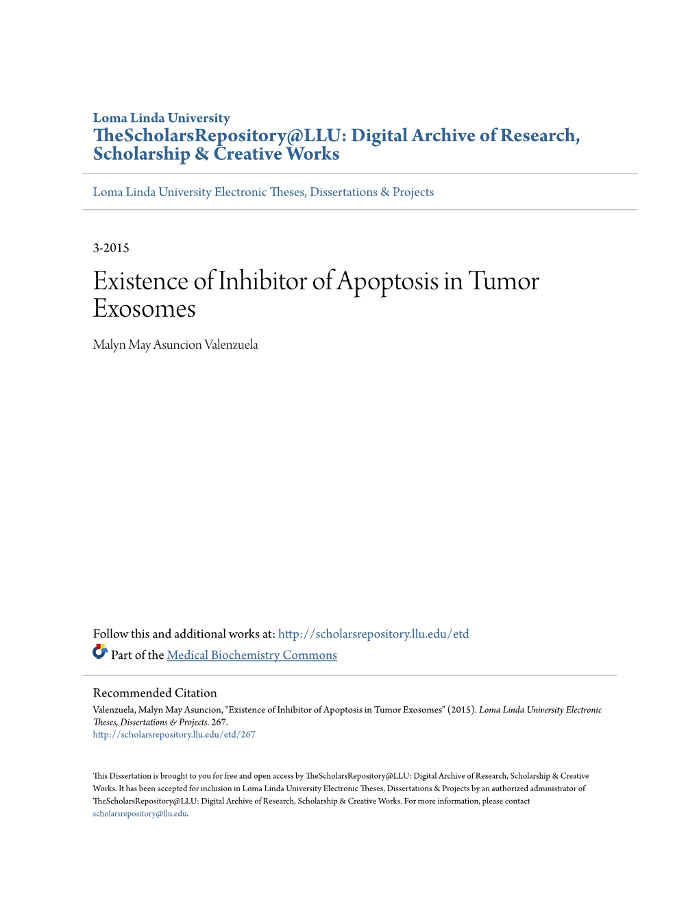Existence of Inhibitor of Apoptosis in Tumor Exosomes Malyn May Asuncion Valenzuela