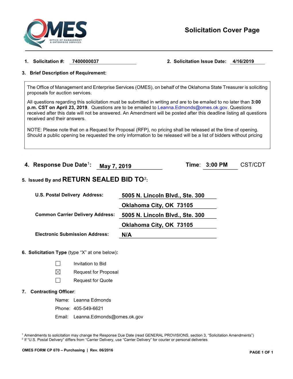 Solicitation Cover Page 5. Issued by and RETURN SEALED BID TO2