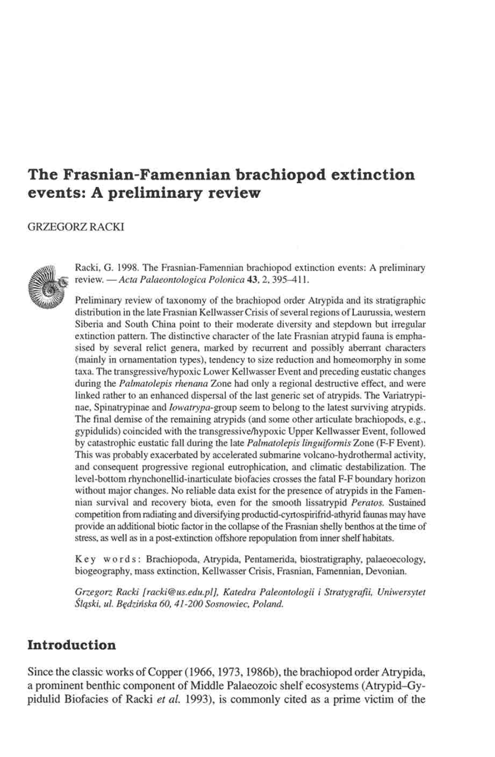 The Frasnian-Famennian Brachiopod Extinction Events: a Preliminary Review