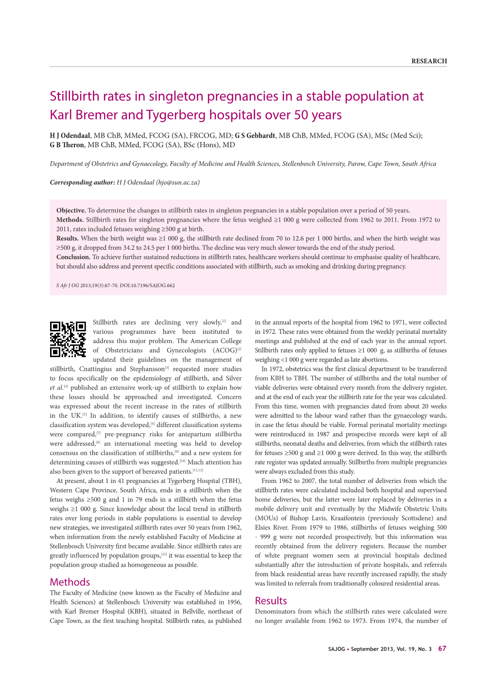 Stillbirth Rates in Singleton Pregnancies in a Stable Population at Karl Bremer and Tygerberg Hospitals Over 50 Years