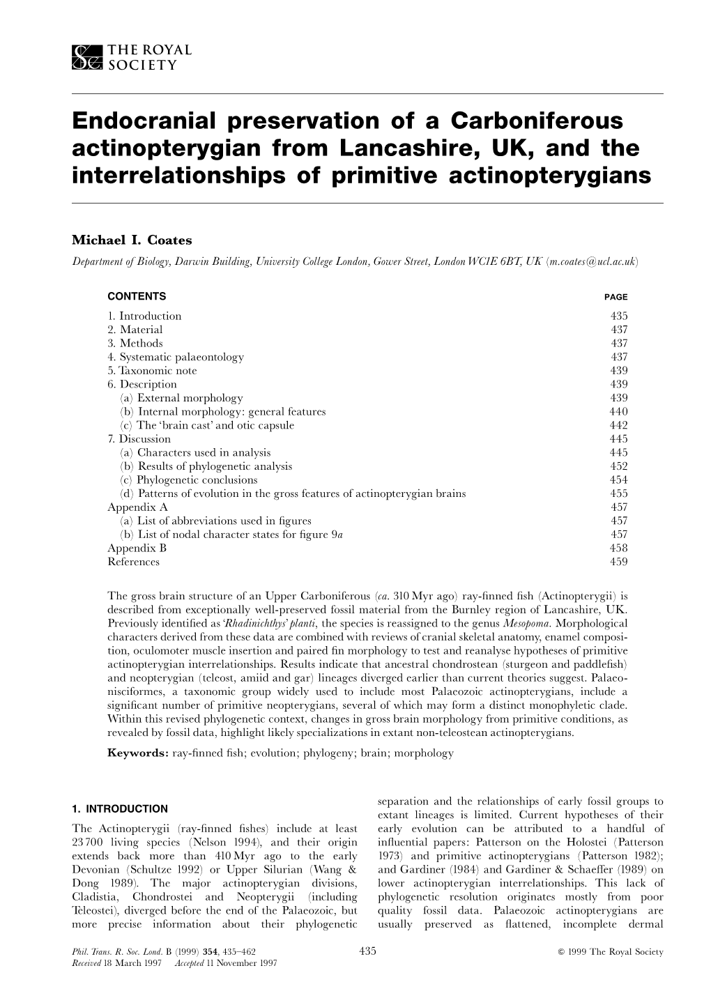 Endocranial Preservation of a Carboniferous Actinopterygian from Lancashire, UK, and the Interrelationships of Primitive Actinopterygians