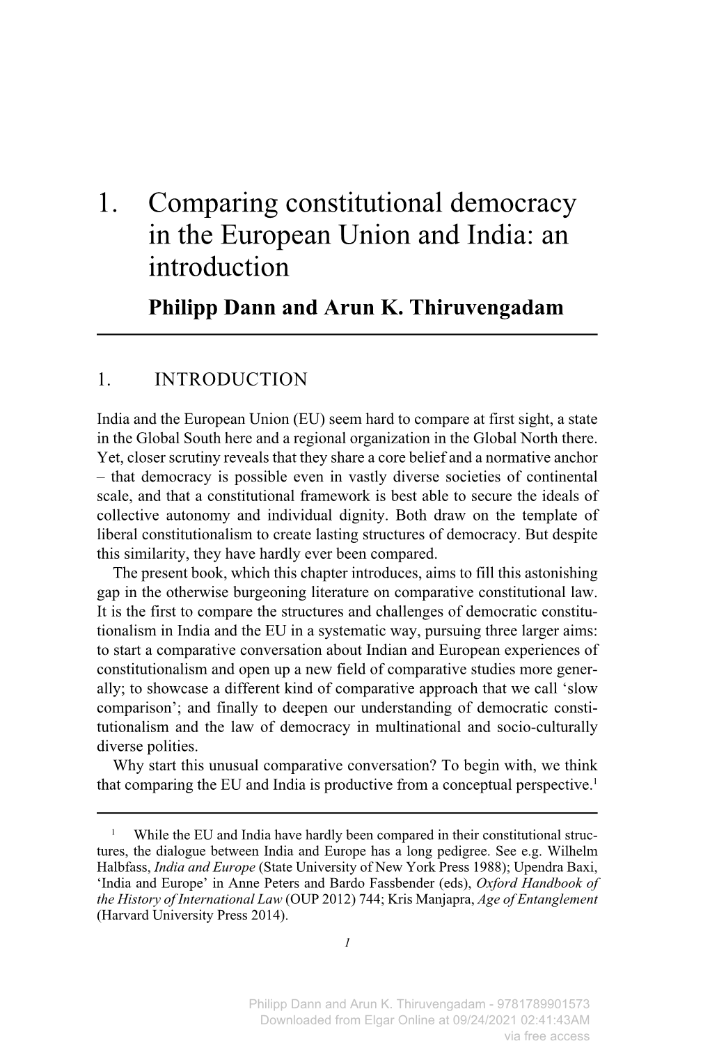 Downloaded from Elgar Online at 09/24/2021 02:41:43AM Via Free Access 2 Democratic Constitutionalism in India and the European Union