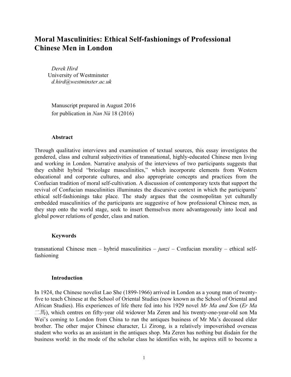 Moral Masculinities: Ethical Self-Fashionings of Professional Chinese Men in London