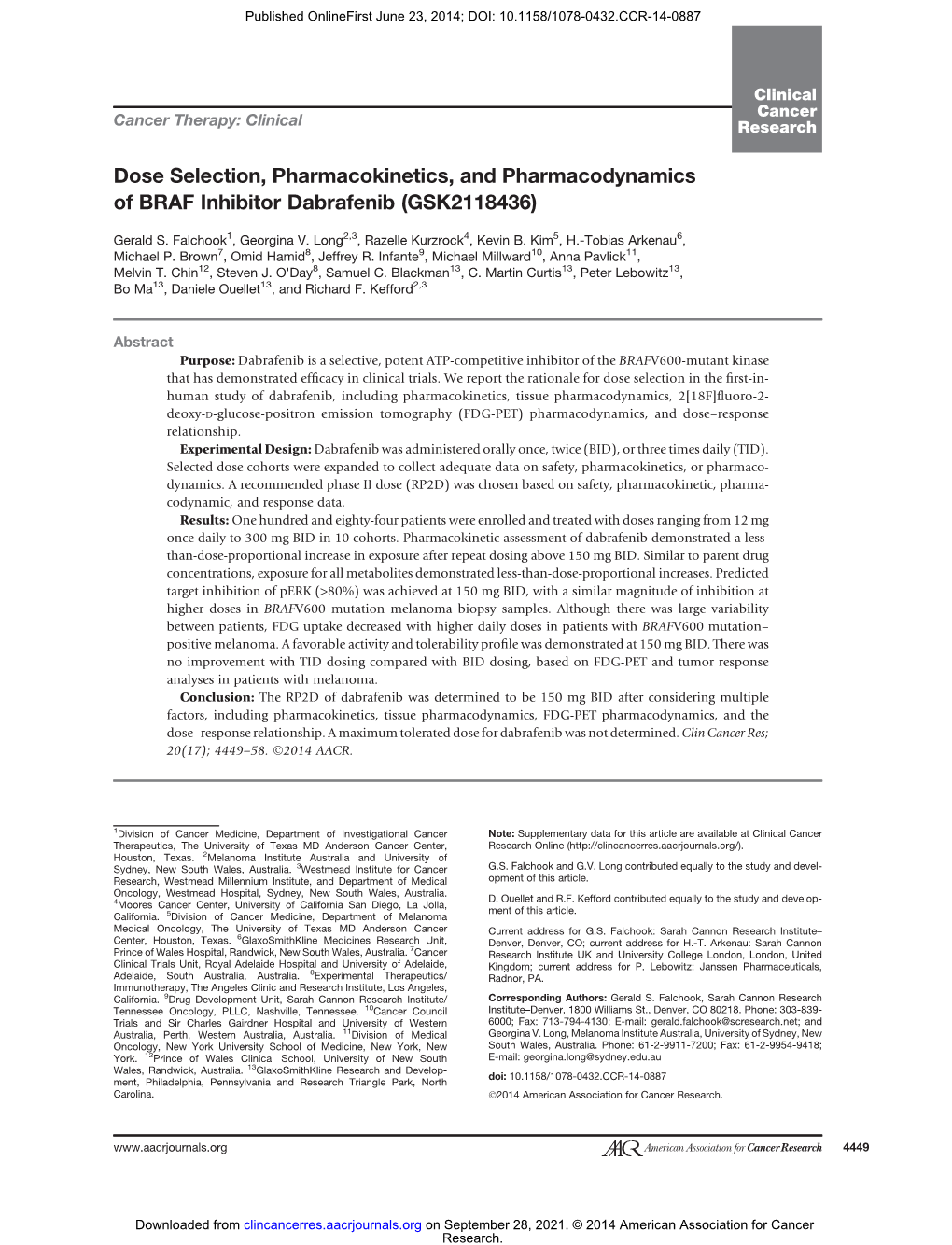 Dose Selection, Pharmacokinetics, and Pharmacodynamics of BRAF Inhibitor Dabrafenib (GSK2118436)