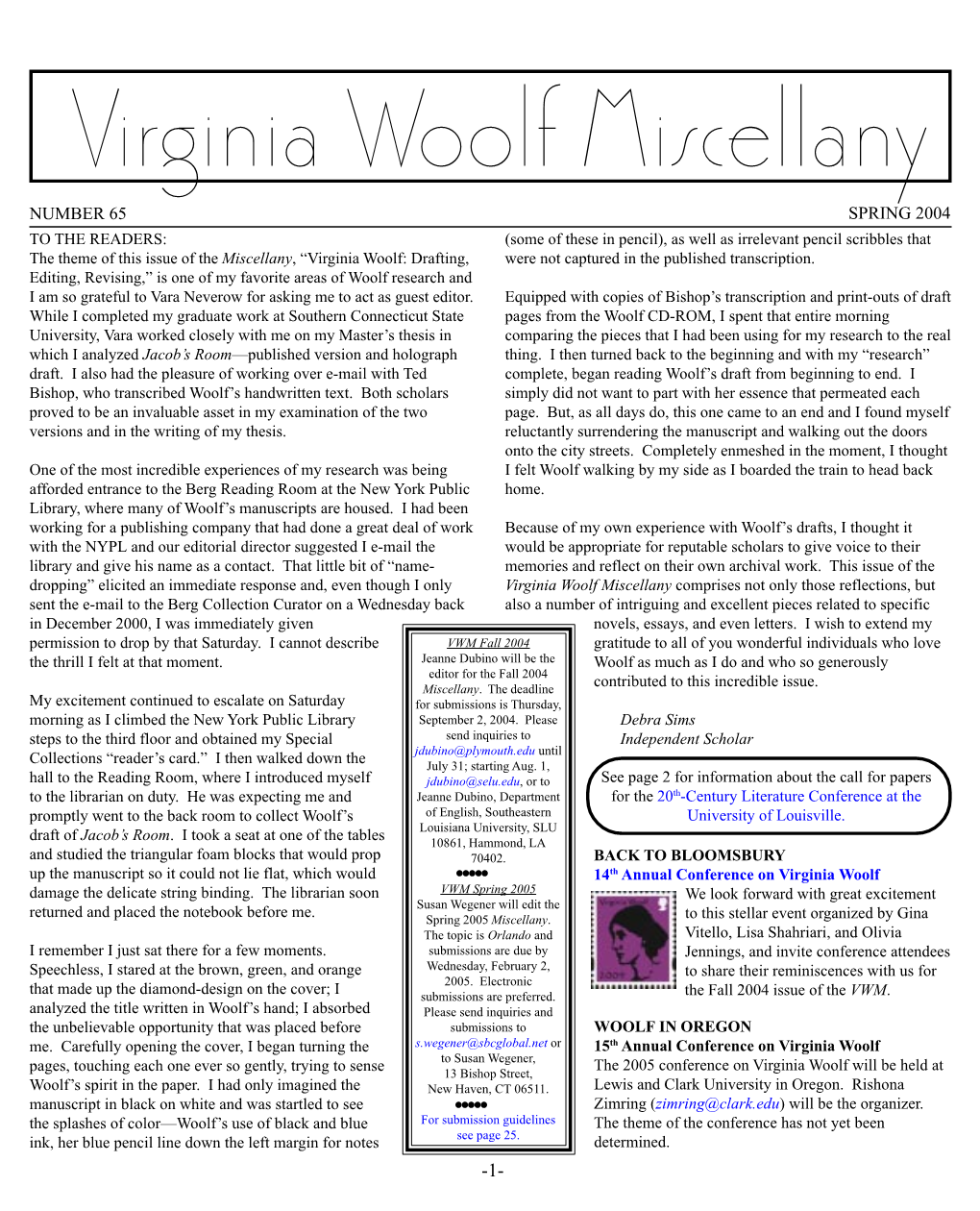 Virginia Woolf Miscellany, Issue 65, Spring 2004