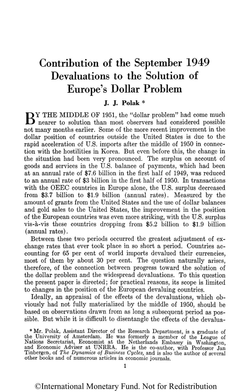 Contribution of the September 1949 Devaluations to the Solution of Europe's Dollar Problem J