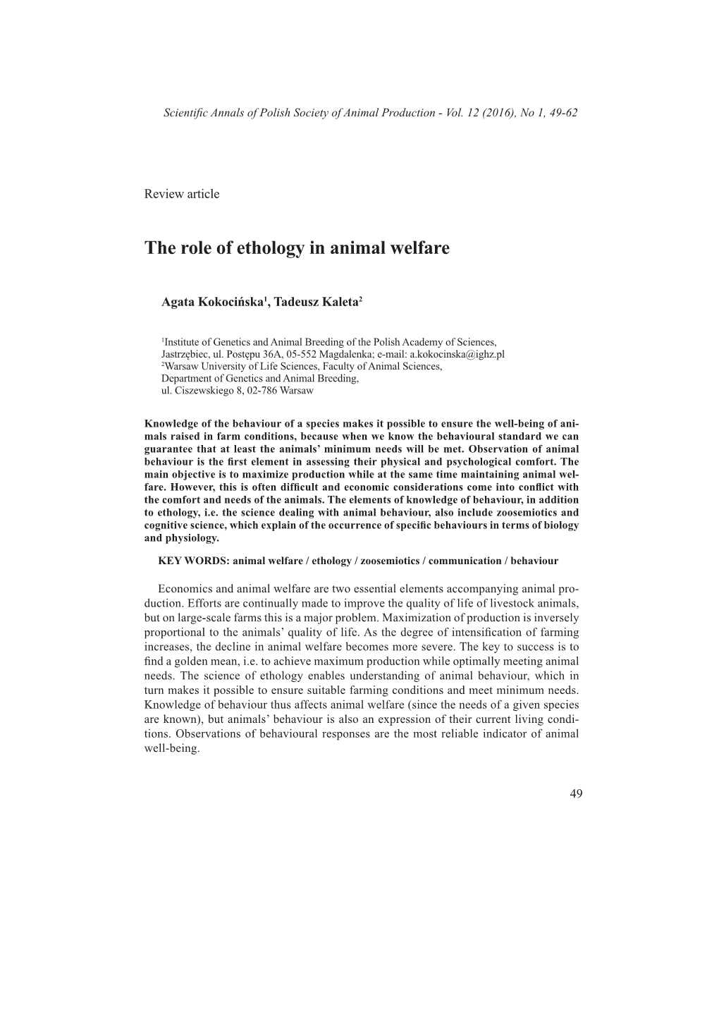 The Role of Ethology in Animal Welfare