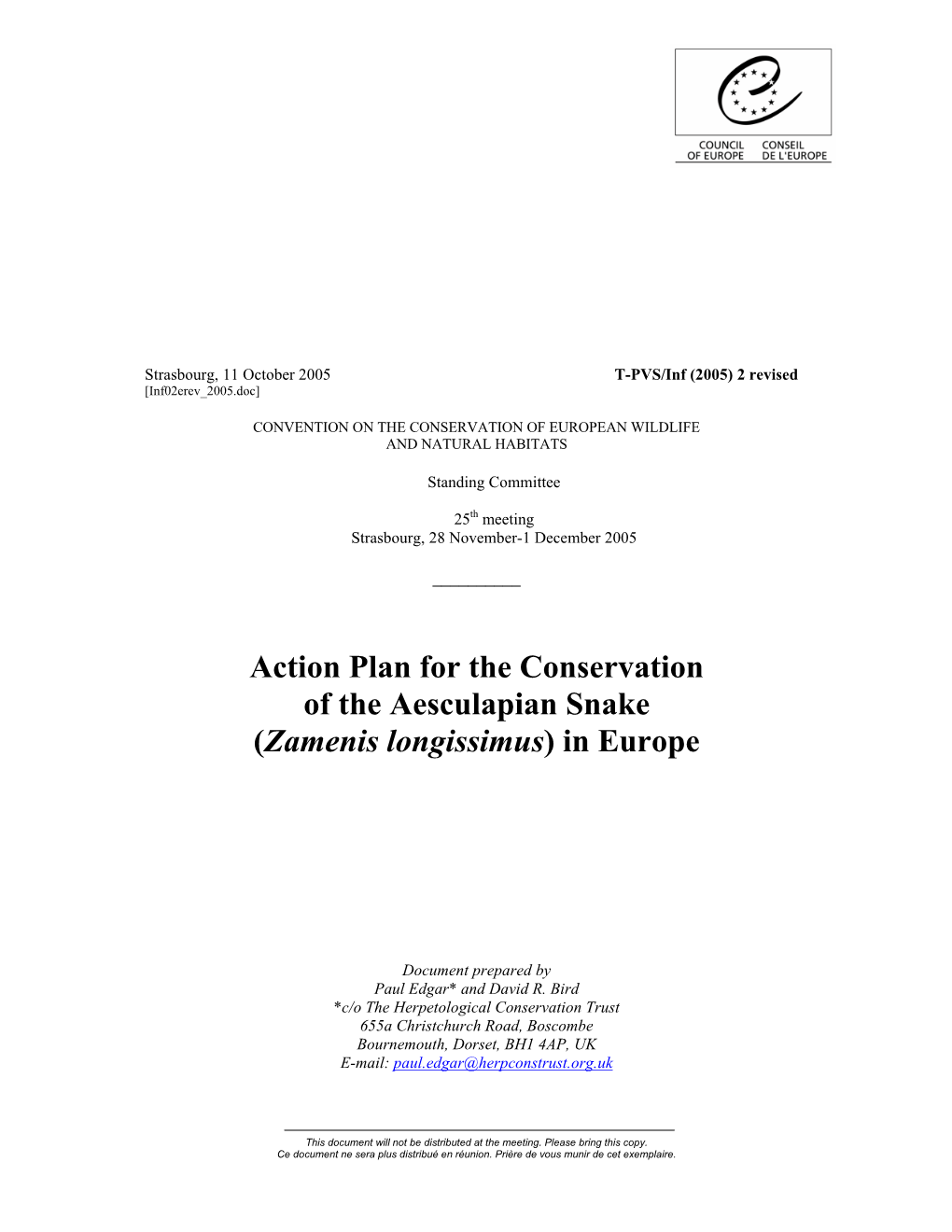 Action Plan for the Conservation of the Aesculapian Snake (Zamenis Longissimus) in Europe