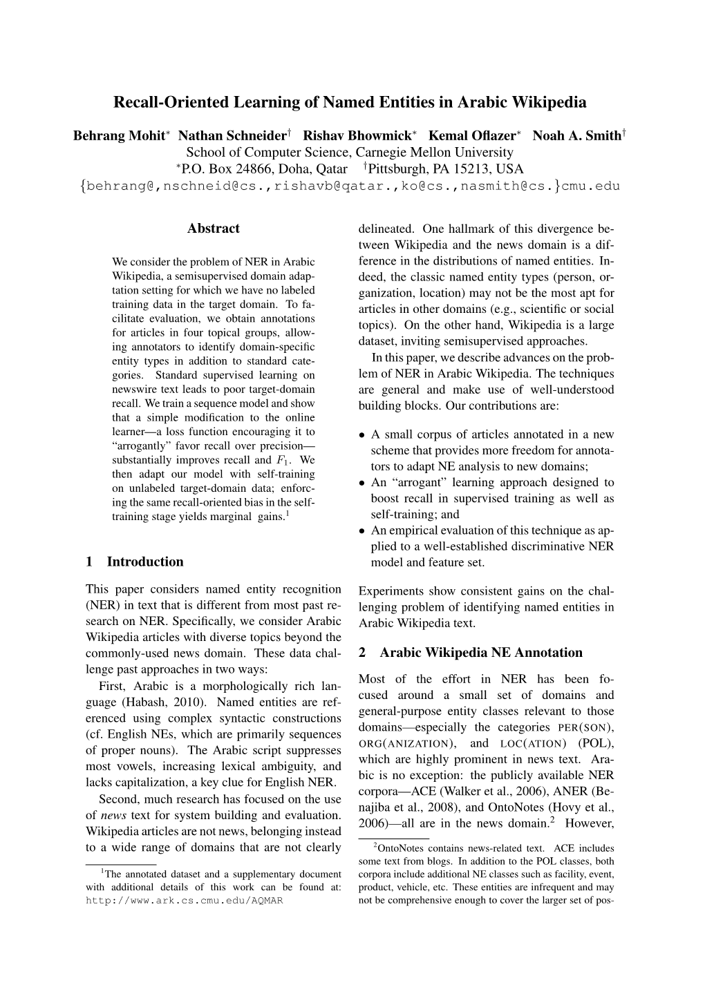 Recall-Oriented Learning of Named Entities in Arabic Wikipedia